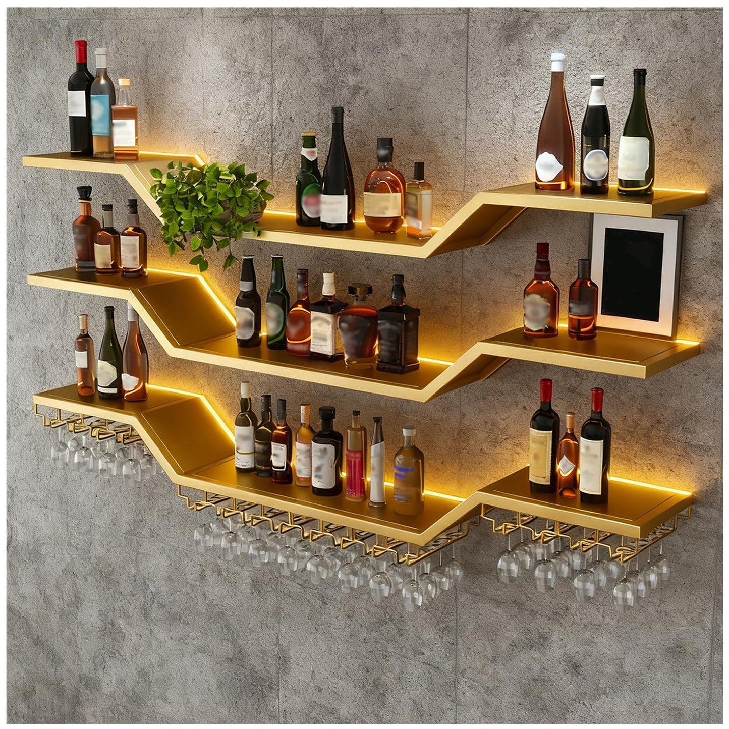 TAUODUYY 63in Modern LED Wine Rack Wall Mounted, 3-Tier Floating Bar Shelves with Wine Glass Rack, Large Hanging Liquor Shelf Wall Mounted, for Home Bar Dining Room Cafe Decorative (Gold, 63in/160cm)