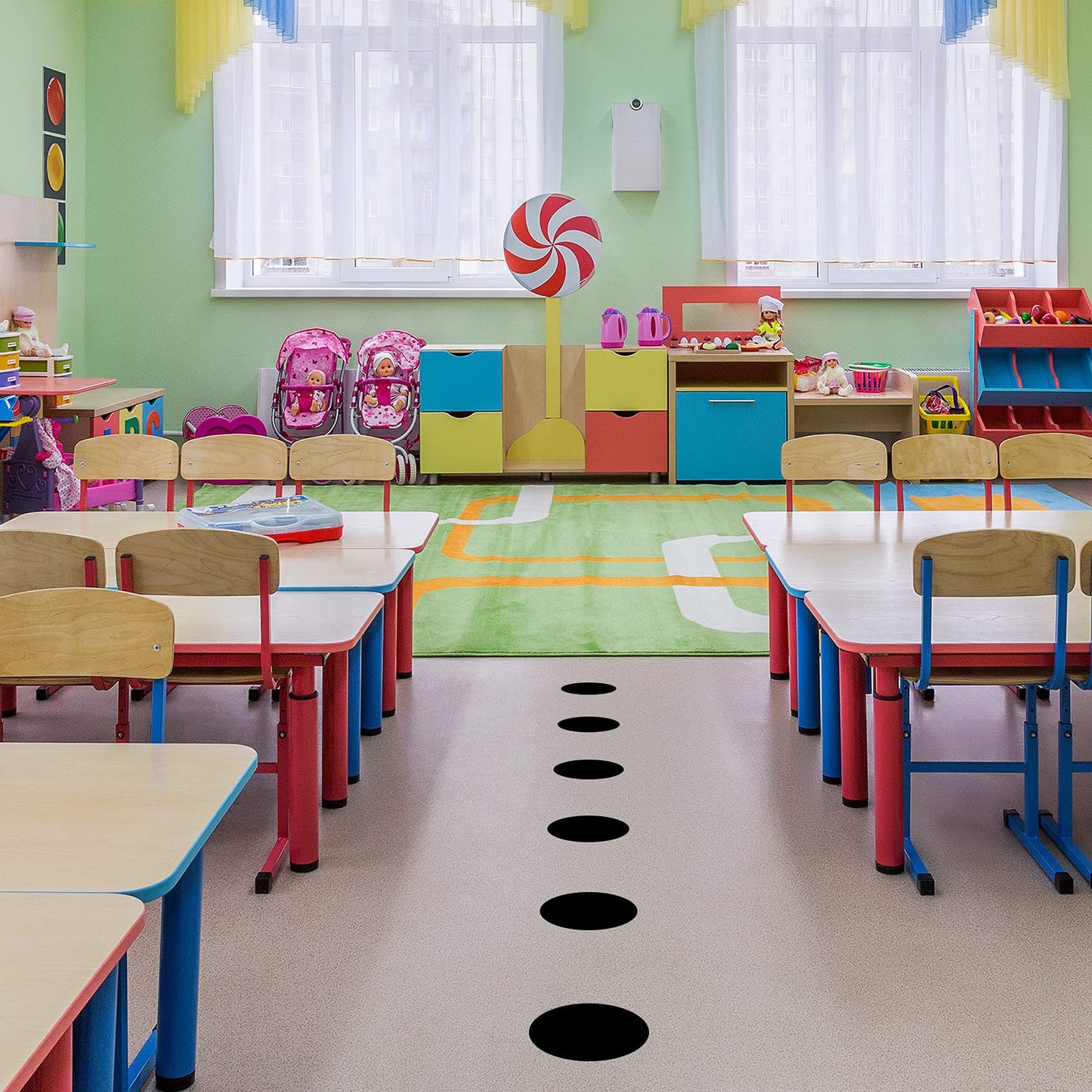6Inch Vinyl Floor Stickers for Classroom IKAYAS Black Self Adhesive Dots Line Up Spots 36pcs Removable Decals Markers for Preschool and Kindergarten Elementary
