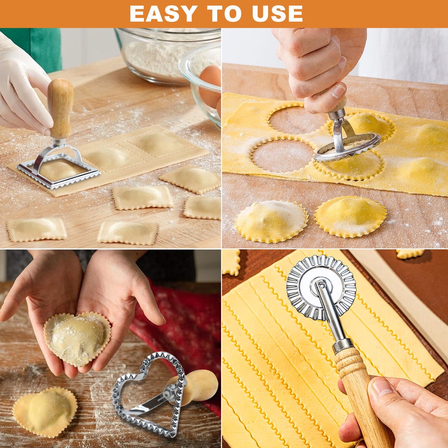 Ravioli Pasta Maker Cutter with Roller Wheel (Set of 6), Ravioli Cutter Set with Wooden Handle, Ravioli Press Dumpling Maker Tools for Ravioli, Empanada, Lasagna, Pierogi