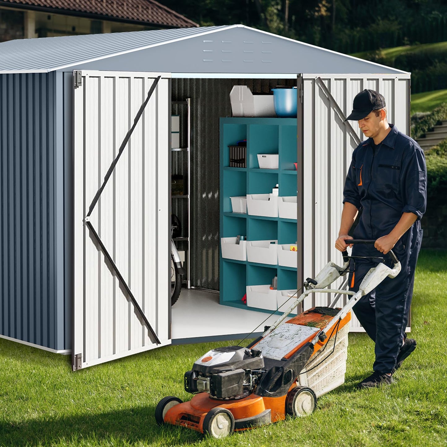 8x12 ft Outdoor Storage Shed, Galvanized Steel Metal Lockable Garden Shed with Sloping Roof, Ventilation & Weatherproof,Ideal for Tools & Equipment Backyard Garden Patio Lawn