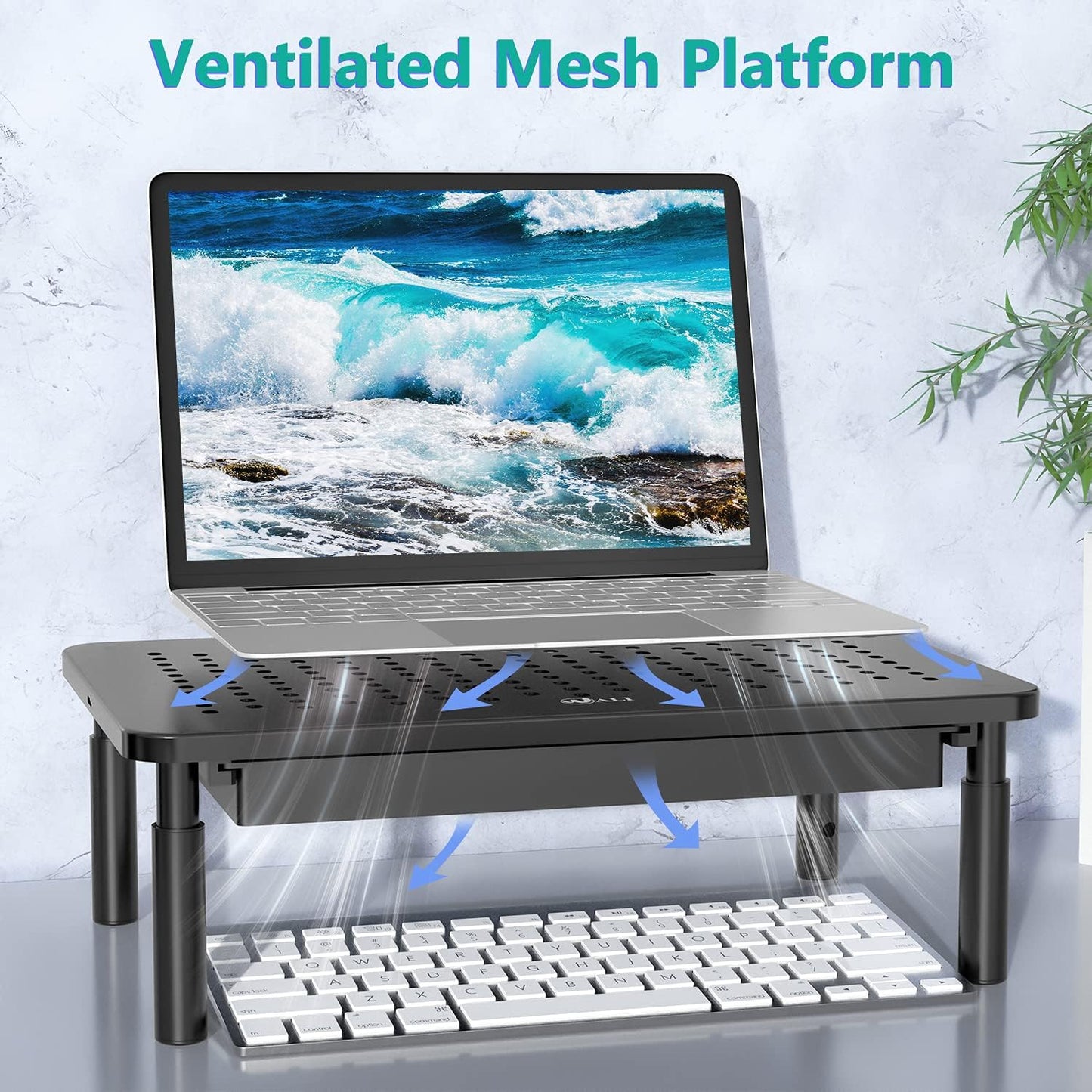 3 (STT003D-B), 1 Pack, WALI Computer Monitor Stand with Storage, Desk Monitor Riser Height Adjustable, Laptop Riser