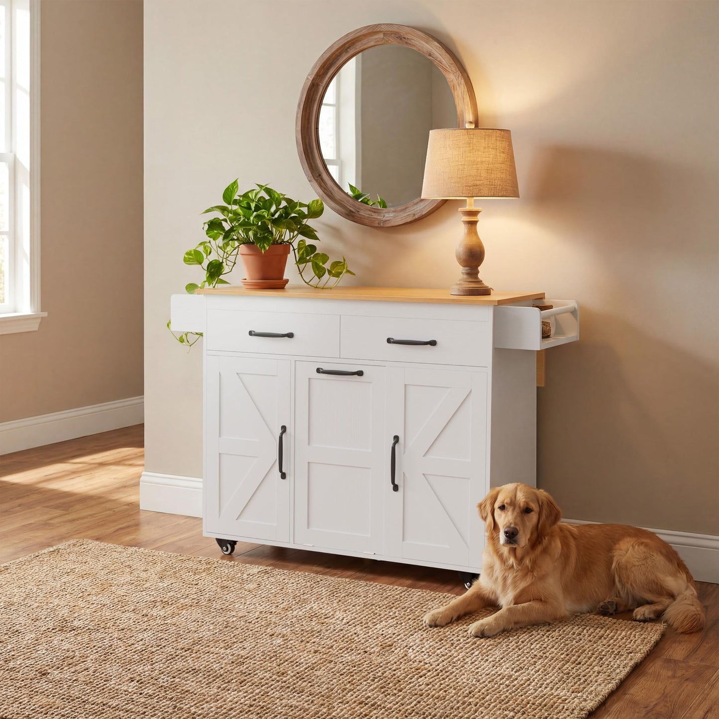 YESHOMY 56" Kitchen Island with Trash Can Storage, Drop Leaf Kitchen Island with Storage, 2 Drawers, 5 Wheels, Spice Rack & Towel Holder, White and Yellow Oak