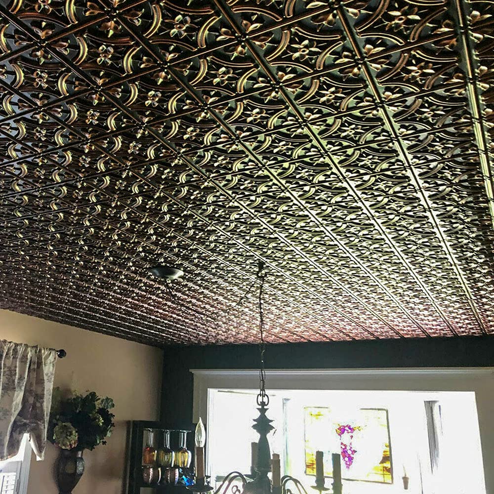 From Plain To Beautiful In Hours 150 Gothic Reims PVC 2' x 2' Glue-Up Ceiling Tile (Covers / 100 Sq. Ft), Antique Copper, 25 Pieces