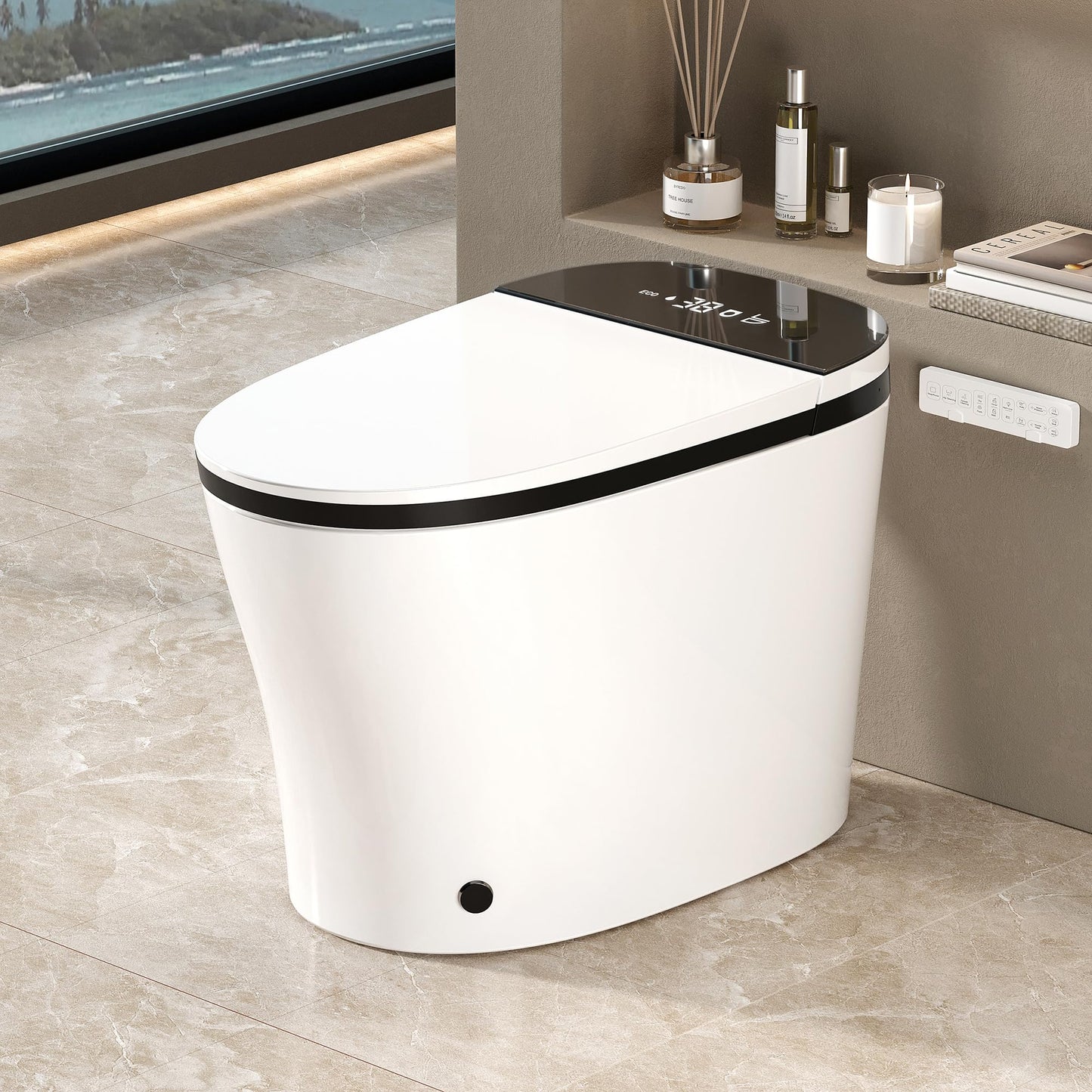 WinZo Smart Toilet with Bidet Built in, ADA One-Piece Toilet Auto Open/Close & Flush, Heated Seat, Front & Rear Wash, LED Display, Night Light, 12-inch Rough-in (Black)
