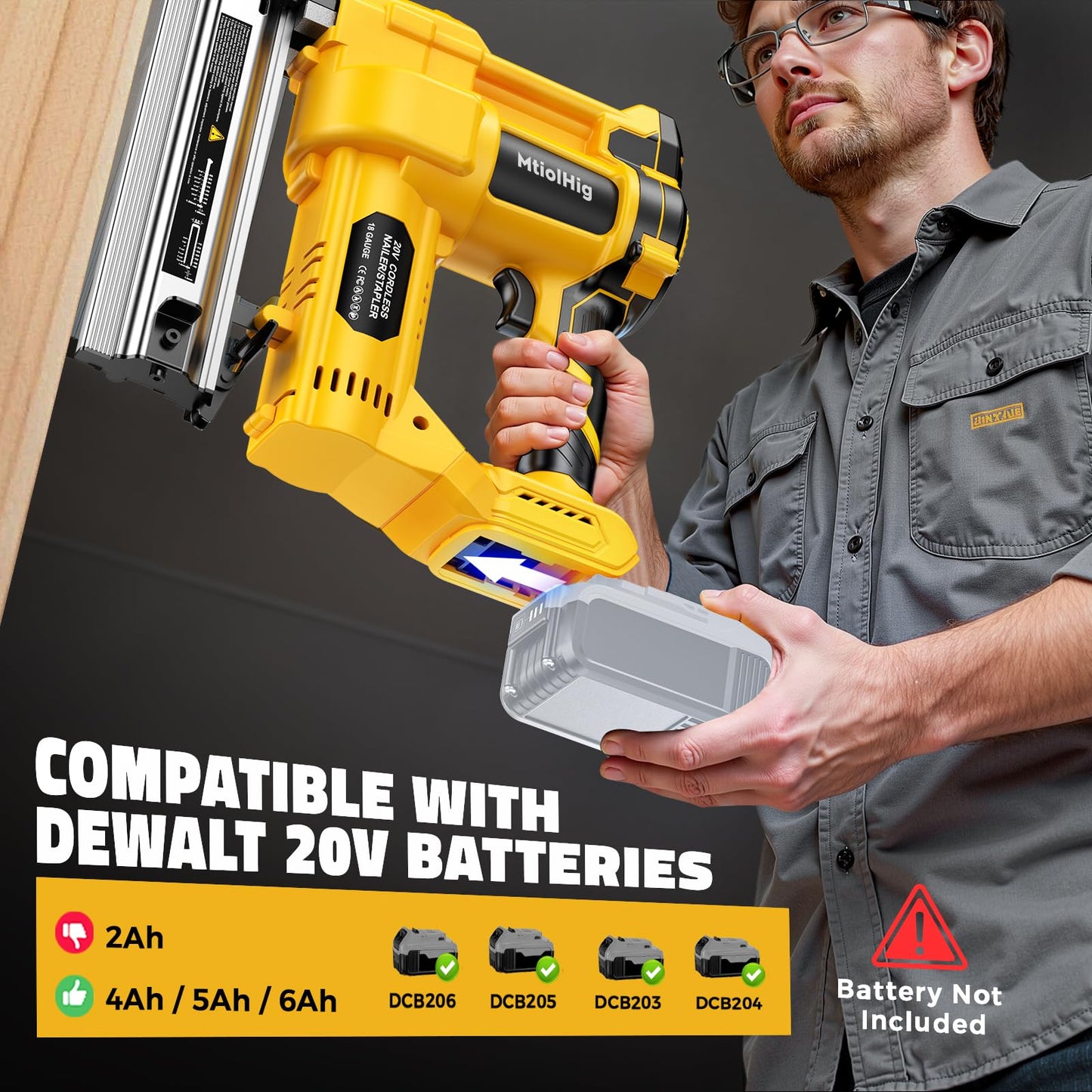 MtiolHig Cordless 2Inch Brad Nailer Compatible with Dewalt 20V Battery, 2-in-1 Staple Gun, 18 Gauge Nail Gun Battery Powered with 1000 Nails for Wood Carpentry, 7.2LB (Tool only) 2026 New Version