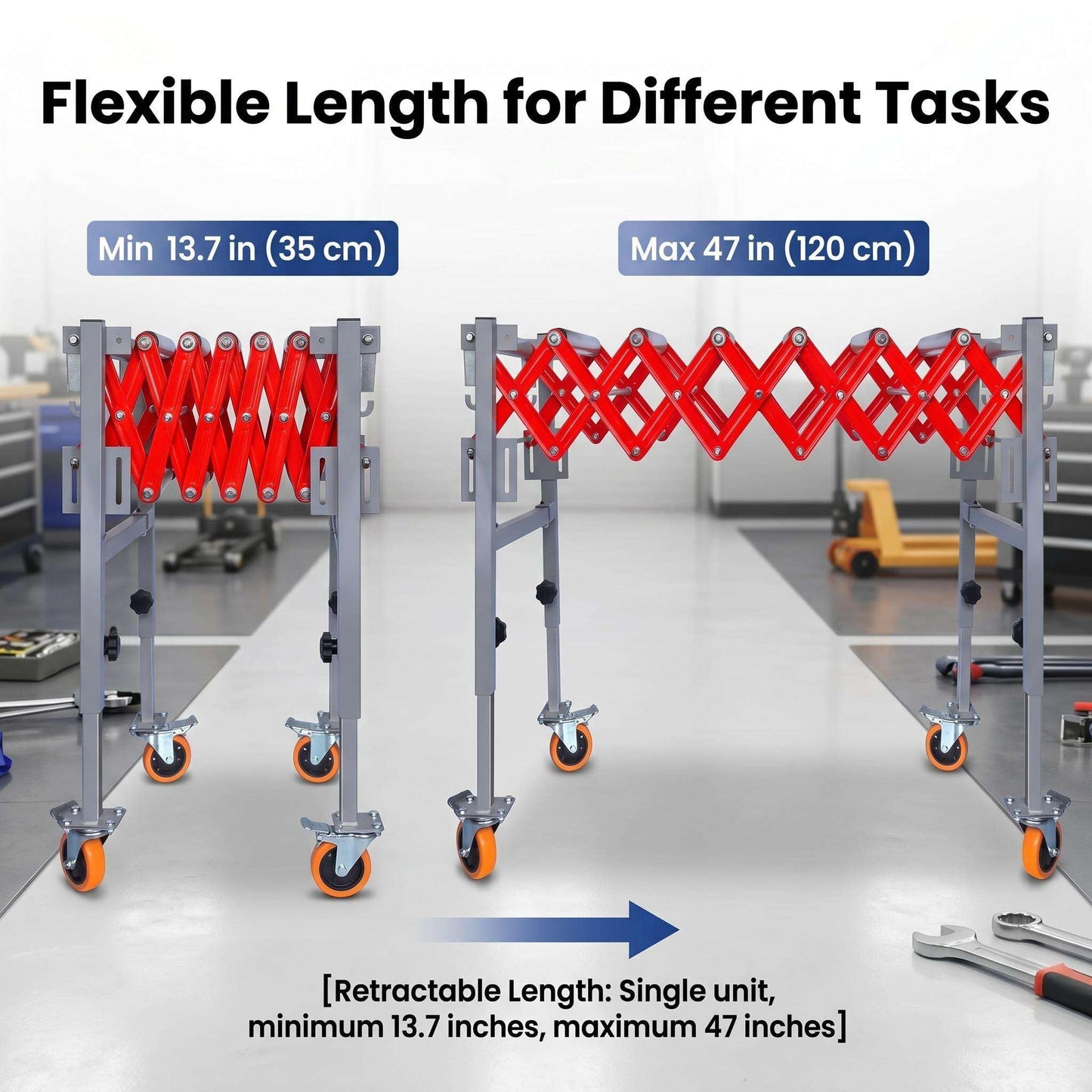 Expandable Roller Conveyor Flexible Roller Conveyor, Adjustable Roller Conveyor with Skate Wheels, 600 lbs Capacity with Height Adjusts Up to 28 inches