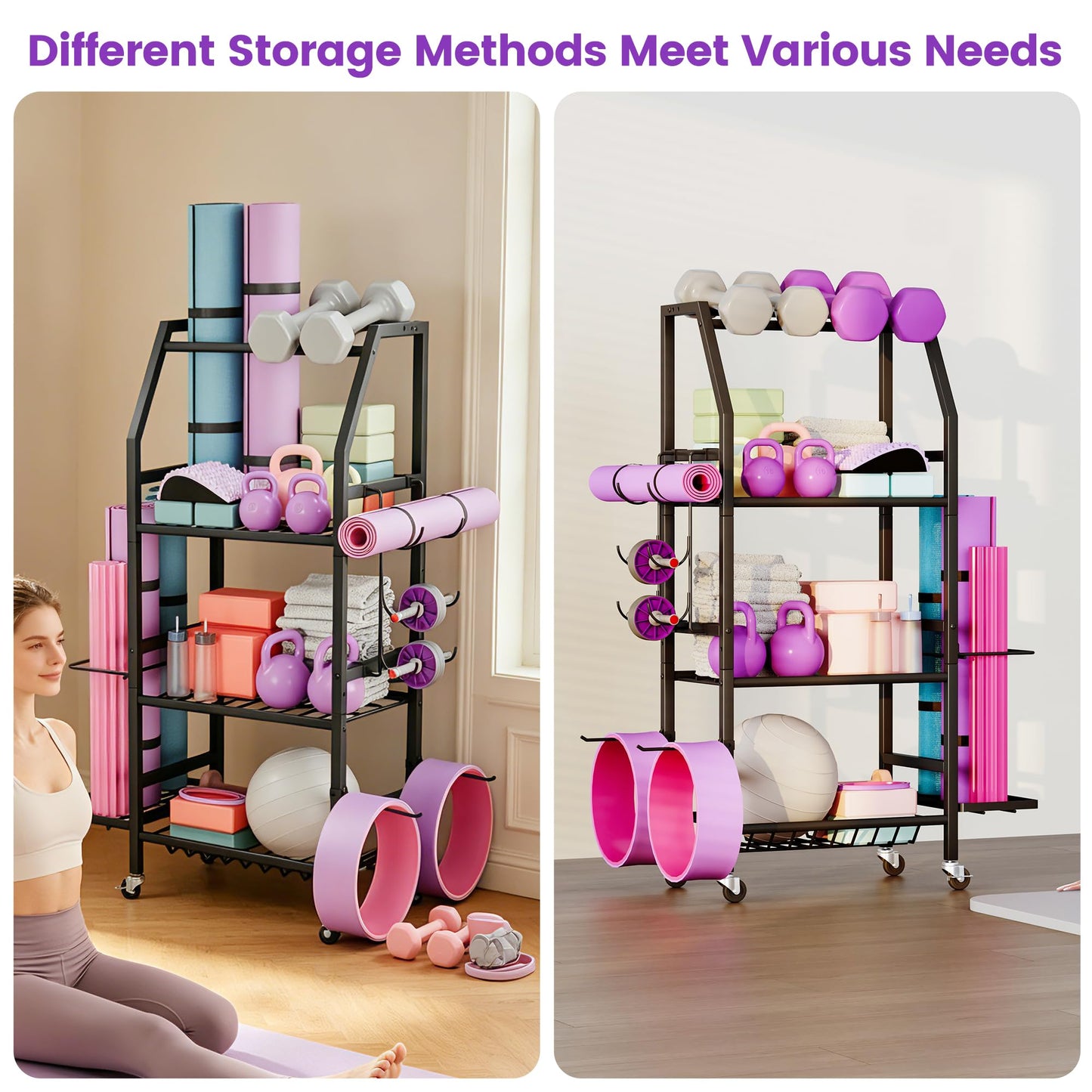 Homeiju Dumbbell Rack, 4 Tier Weight Rack for Home Gym, Yoga Mat Storage Holder with Lockable Wheels, Dumbbell Stand with Hooks, All in One Work out Equipment Storage for Yoga Mat Dumbbell and Balls