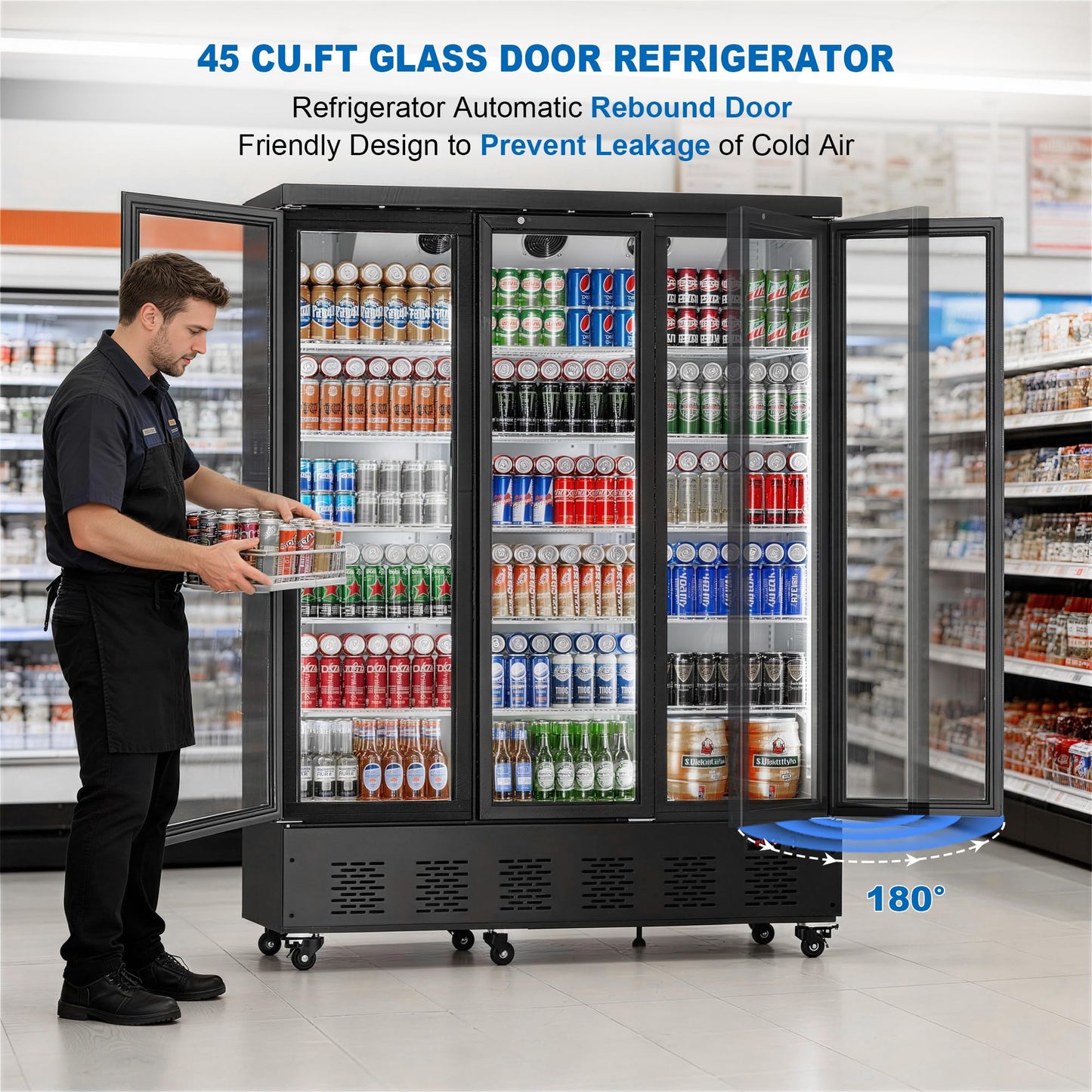 Ferueo 45 Cu.Ft Commercial Beverage Refrigerator, 2 Glass Door Merchandiser Refrigerator with Lock, Upright Reach-in Display Cooler for Restaurant, Bar and Grocery, 10 Adjustable Shelves, 32°F-47°F
