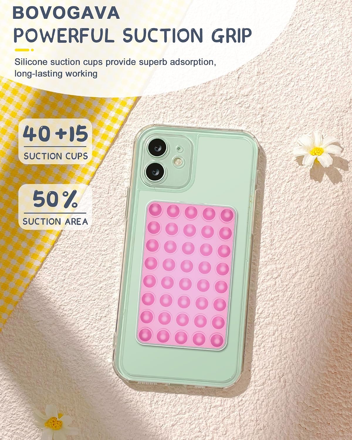 BOVOGAVA Suction Cup Phone Mount, Silicone Sticky Phone Grip with Magnetic Ring for iPhone & Android, Initial Double