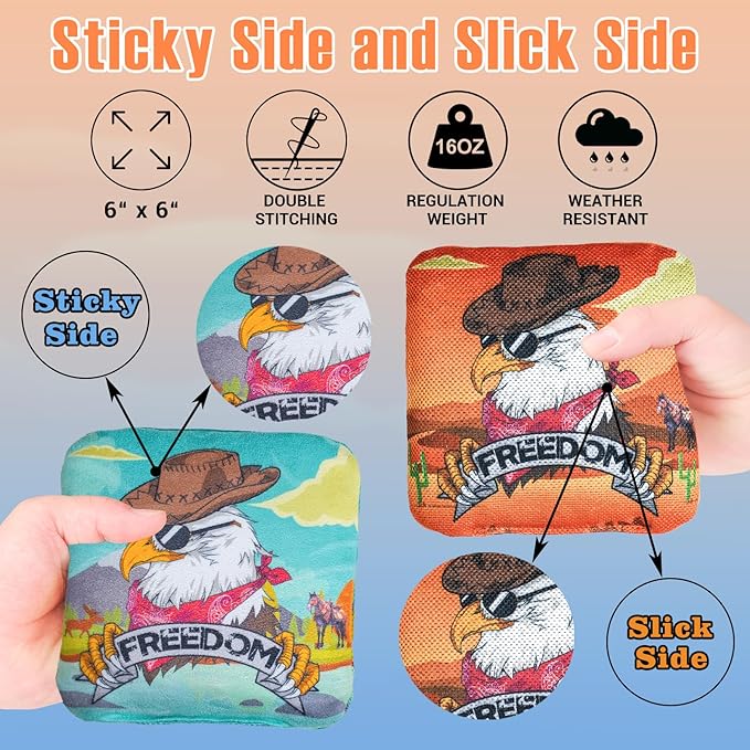 EunHo Cornhole Bags Regulation Dual Sided Set of 8, Professional Cornhole Bean Bags Slick & Sticky Side Bags with Carry Bag