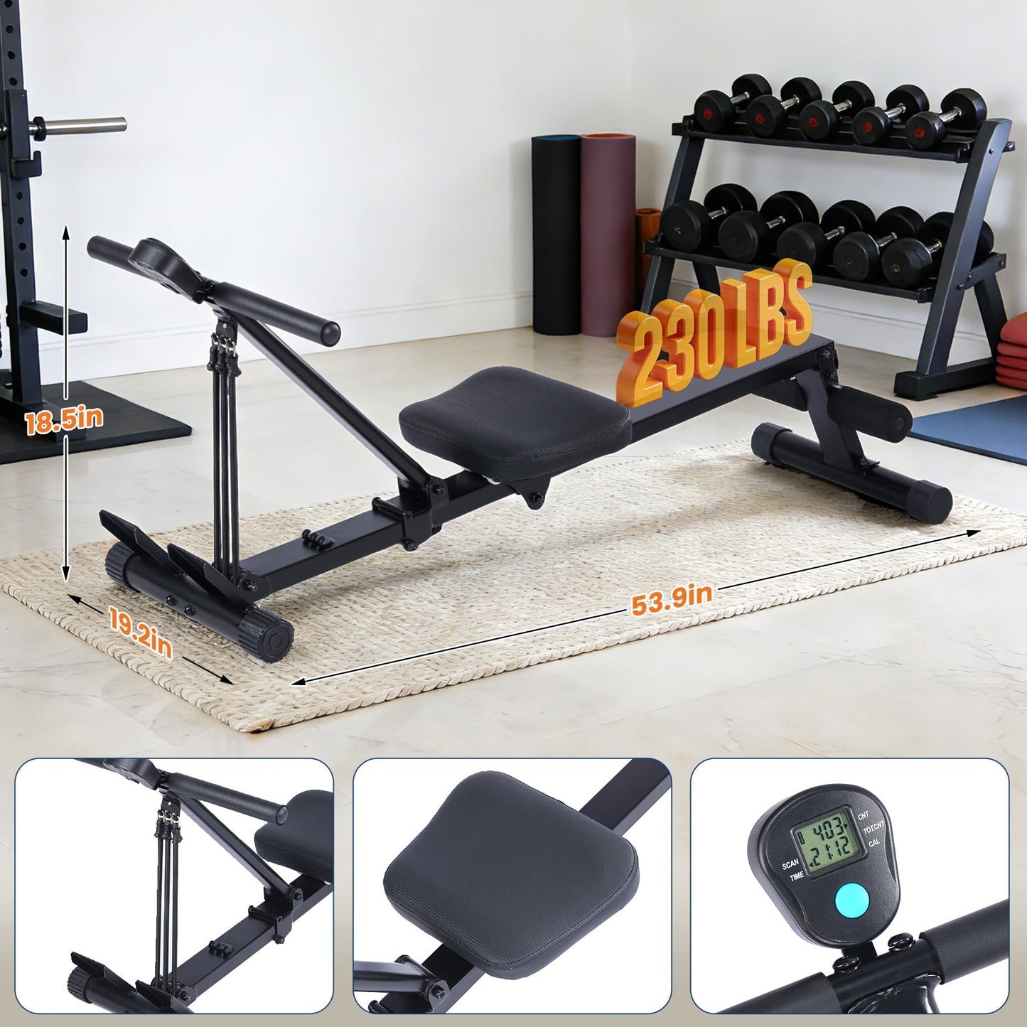 Garvee Rowing Machine for Home Use, Compact Rower Machine with LCD Display, 276 LB Capacity Heavy Duty Home Gym Equipment, Space-Saving Design, Perfect for Full Body Workout, Black
