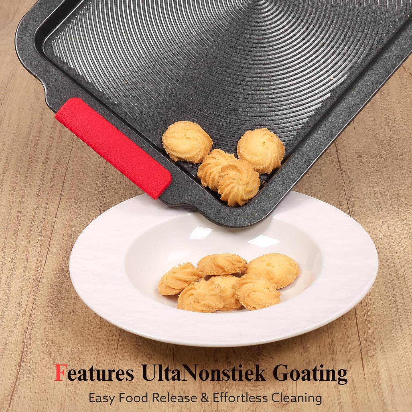 Skiennix Nonstick Baking Sheet - 16x11in Cookie Sheet with Circle Grooves & Red Grips | PFAS/PTFE Free, Gray
