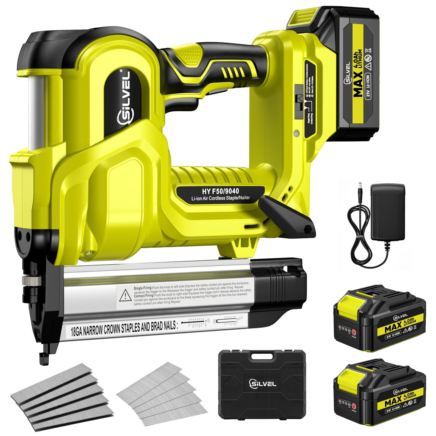 SILVEL 2" Cordless Brad Nailer, 2-in-1 21V Electric Brad Nailer Stapler with 2 * 4.0Ah Battery, 1000pcs Nails, 18GA Staples, Adjustable Depth for Woodworking, Home Improvement