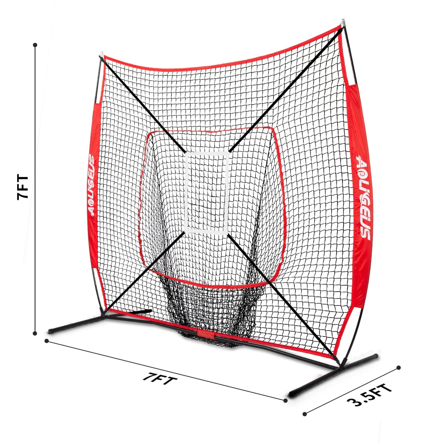 AOLIGEIJS 7'X7' Baseball Softball Practice Net,Pitching Net, Batting Net,with Tee,Bonus Strike Zone and Bow Frame,for Hitting,Pitching, Catching,with Carry Bag (Basebll Net+Batter Dummy) Red