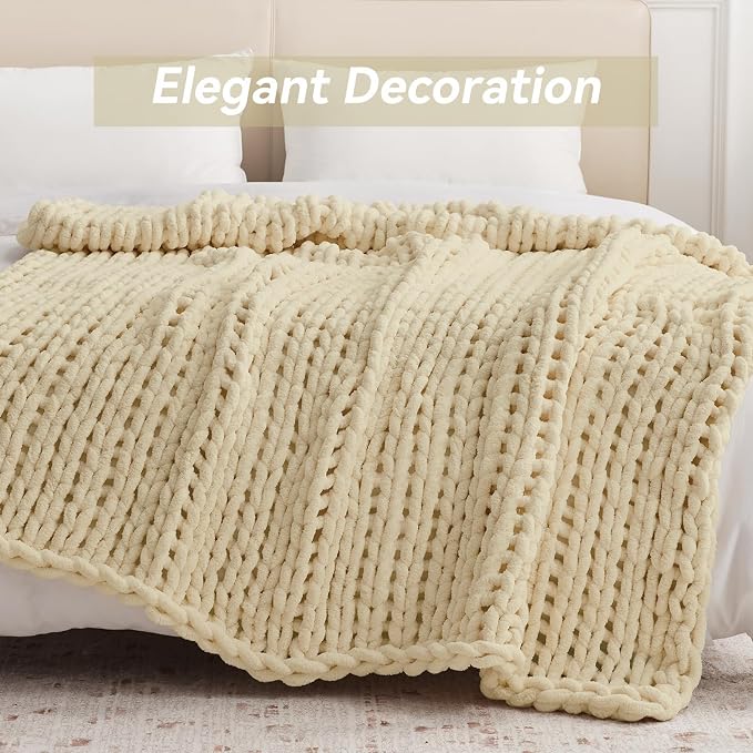 Negwoo Chunky Knit Throw Blanket, 60''*80'' Knitted Throw Chenille Yarn for Bed Couch, Handmade Oatmeal Crochet Big Thick Blanket, Machine Washable Cute Comfy Blanket for Home Decor