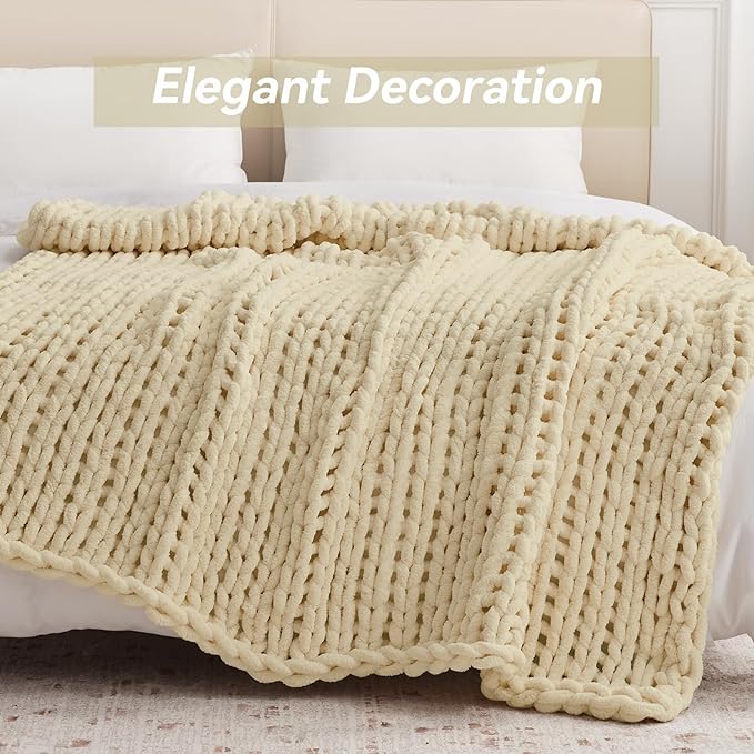 Negwoo Chunky Knit Throw Blanket, 50''*60'' Knitted Throw Chenille Yarn for Bed Couch, Handmade Oatmeal Crochet Big Thick Blanket, Machine Washable Cute Comfy Blanket for Home Decor