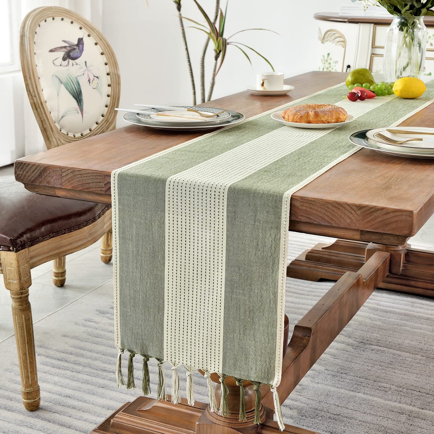 Wracra Linen Table Runner, Farmhouse Macrame Table Runners 108 Inches Long for Dining Table Decor, Wedding, Party and Dresser Decor (Sage Green,108")