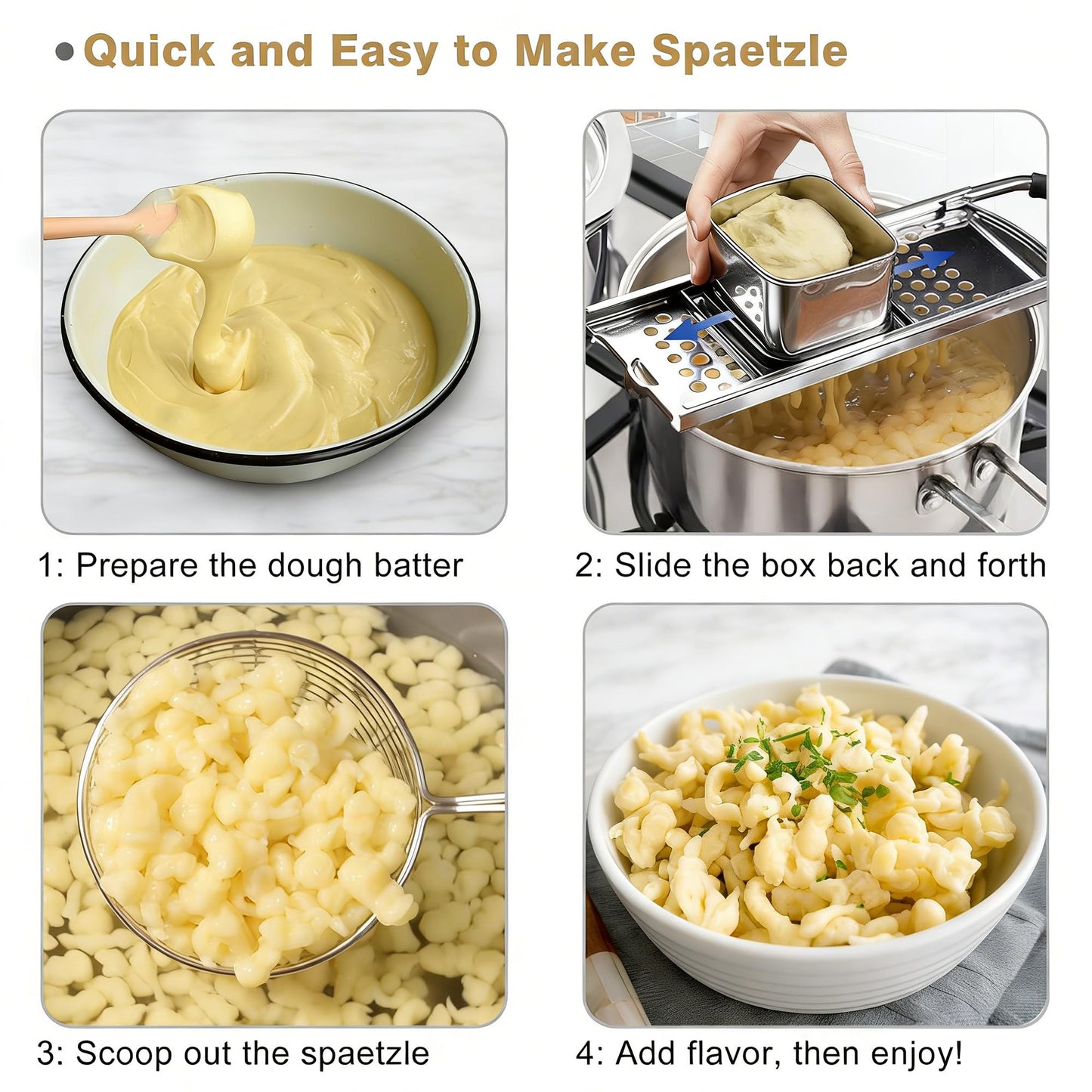 Spaetzle Maker, METLUCK Stainless Steel Spaetzle Press with Strainer Skimmer, Premium German Spaetzle Maker with Comfort Handle, Traditional Egg Noodle Dumpling Maker Tool for Home Cooking