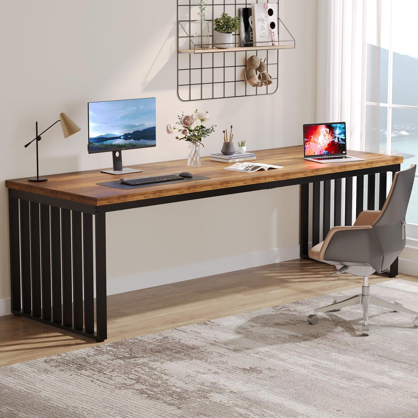 Tribesigns 78.74" Extra Long Computer Desk for 2 Person, Double Long Desk with Heavy Duty Metal Frame, Double Workstation Study Table for Home Office (Without Chair) (Brown & Black)