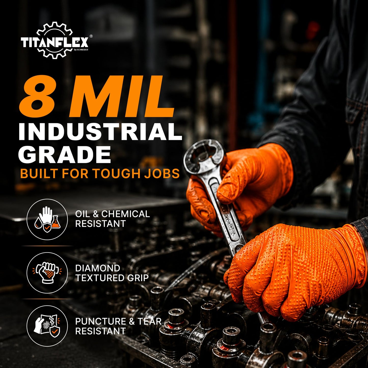 TitanFlex Heavy Duty Industrial Orange Nitrile Gloves, 8-mil, Gloves Disposable Latex Free with Raised Diamond Texture Grip, Powder Free, Rubber Glove, Mechanic Gloves,1000-ct Case (Large)