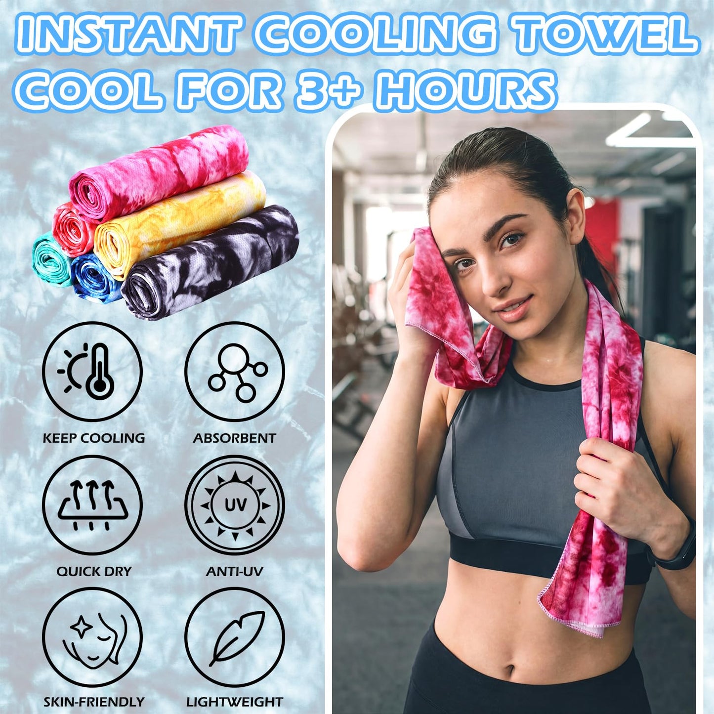 Lumina Garden 12 Pcs Tie Dye Cooling Towel for Neck and Face, 40 x 12 Inch Soft Microfiber Breathable Chilly Ice Towel, Stay Cool Sweat Rags for Sports Biking Hiking Running Yoga Golf Camping