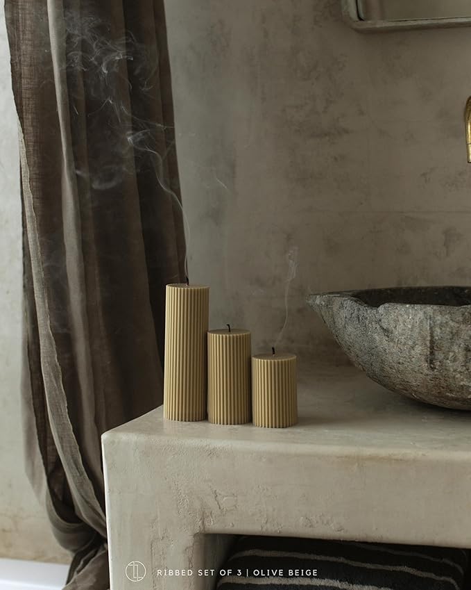 LAWA Roman Handmade Tall Ribbed Pillar Candle - Beautiful Scented Soy Wax Dinner Candle | Classic Aesthetic Decoration Set | Housewarming Gift | Home Room Shelf Decor Idea - Olive Beige (Set of 3)