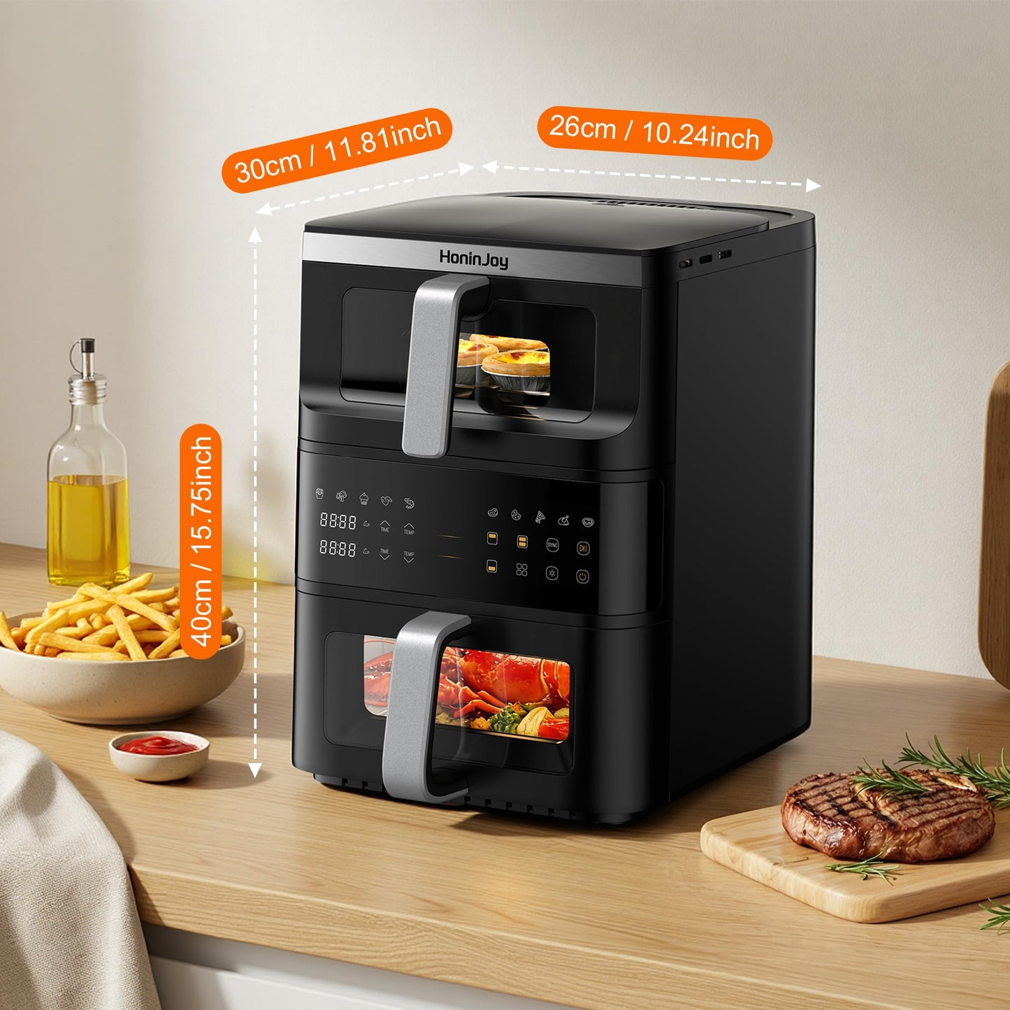 13QT Dual-Basket Air Fryer, Vertical Compact Large Air Fryers with viewing window & Independent Light, 10-in-1 Presets for Home Family, Bake/Grill/Dehydrate/Reheat, Freidora De Aire Dishwasher-Safe