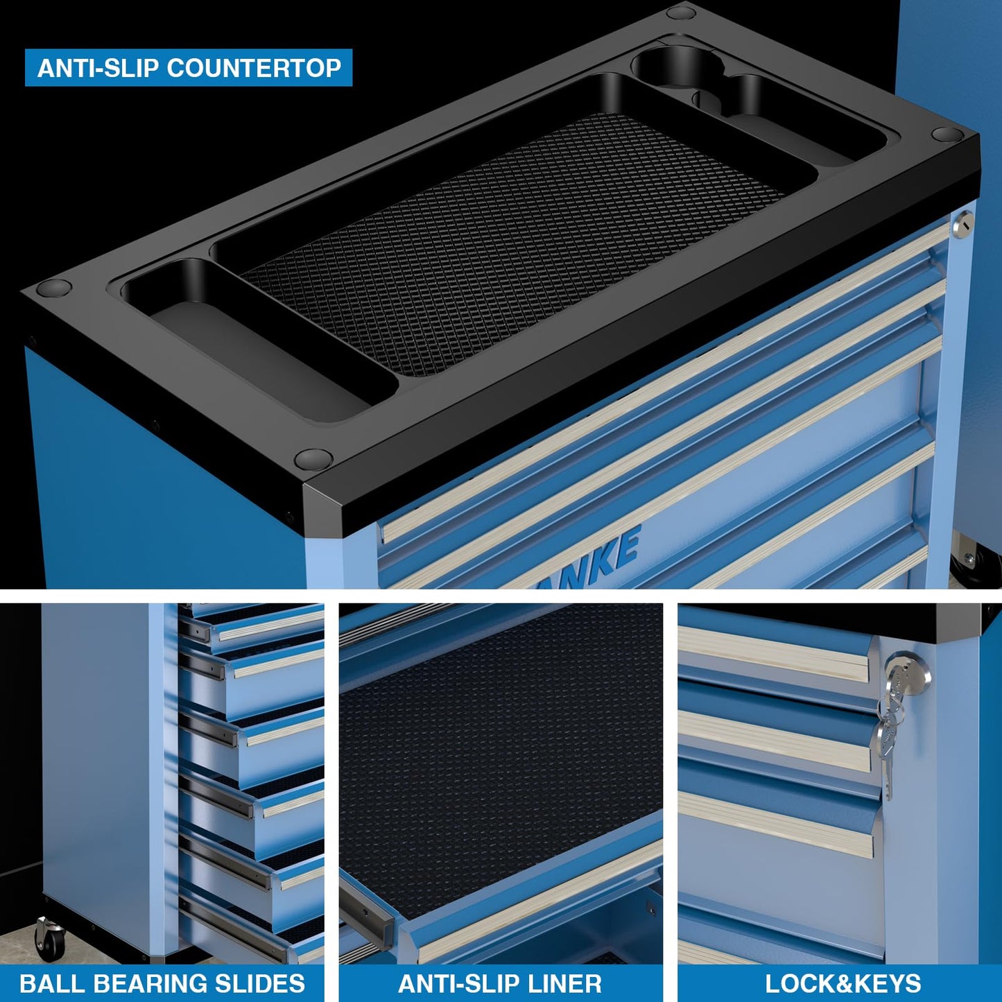 LARBANKE 7-Drawer Rolling Tool Chest with Lock&Keys and Swivel Casters,Tool Chest with Multi-Sizes Drawers and Multifunctional Countertop,Special Connect Rods for Connection with 5-Drawer Tool Cabinet