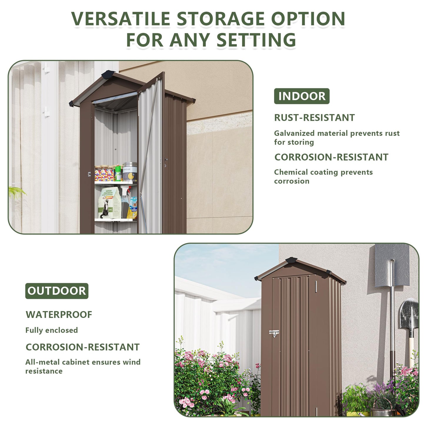 KEIKI Outdoor Storage Shed, 69.7''x16.9''x29.5'' Metal Tool Shed with Sloping Roof & Lockable Door, Small Shed, Top Tall Vertical Tool Cabinet for Backyard Garden Patio Lawn