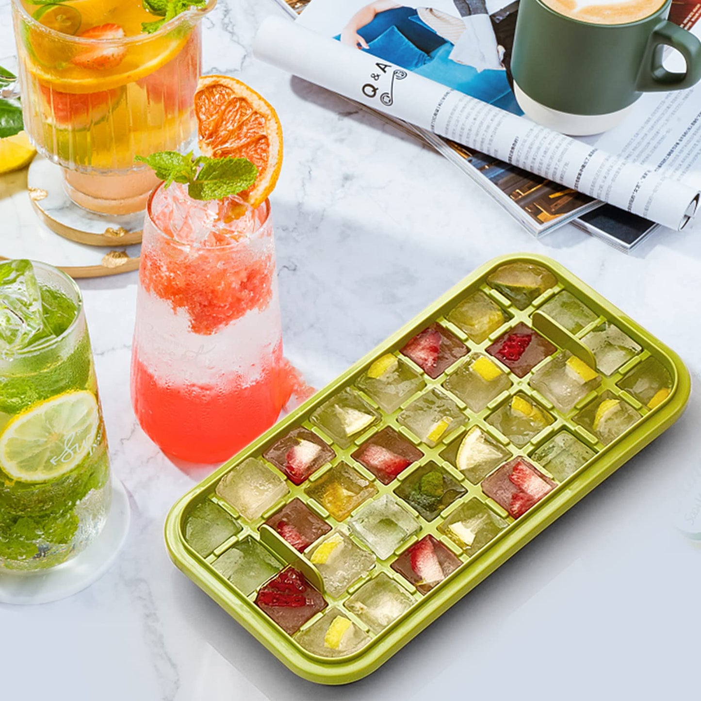 Ice Cube Tray with Lid and Bin, 2 Pack Ice Cube Trays for Freezer, 64 Pcs Ice Cube Mold, Press Button Easy Release Ice Tray, Small Ice Cubes Maker for Drinks(Green)