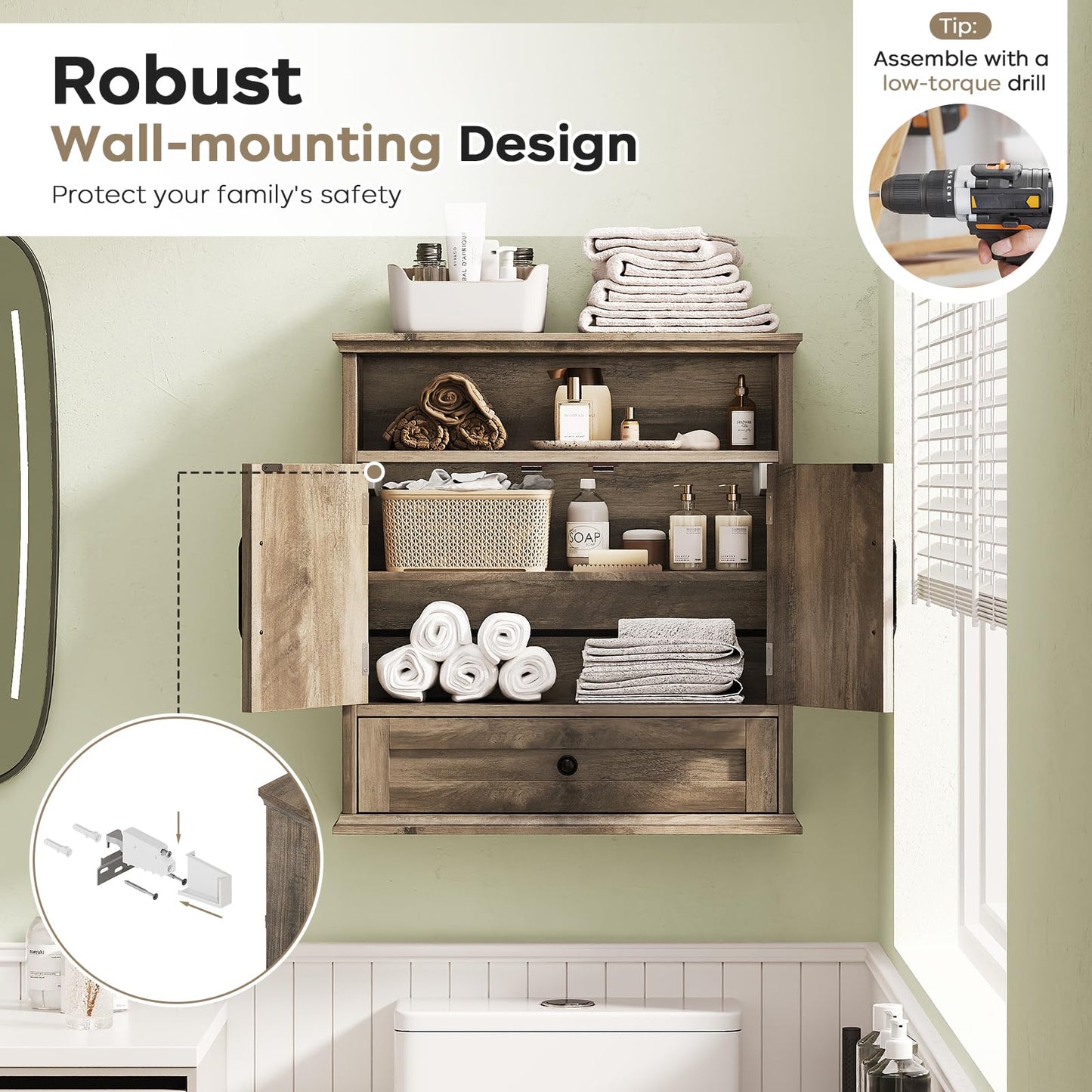 Bathroom Wall Cabinet, Wall Mounted Medicine Cabinet with Drawer, Barn Door & Adjustable Shelf, 24.4"H x 23.6"W x 9"D Grey Over Toilet Farmhouse Storage Cabinet for Kitchen, Laundry, Entryway