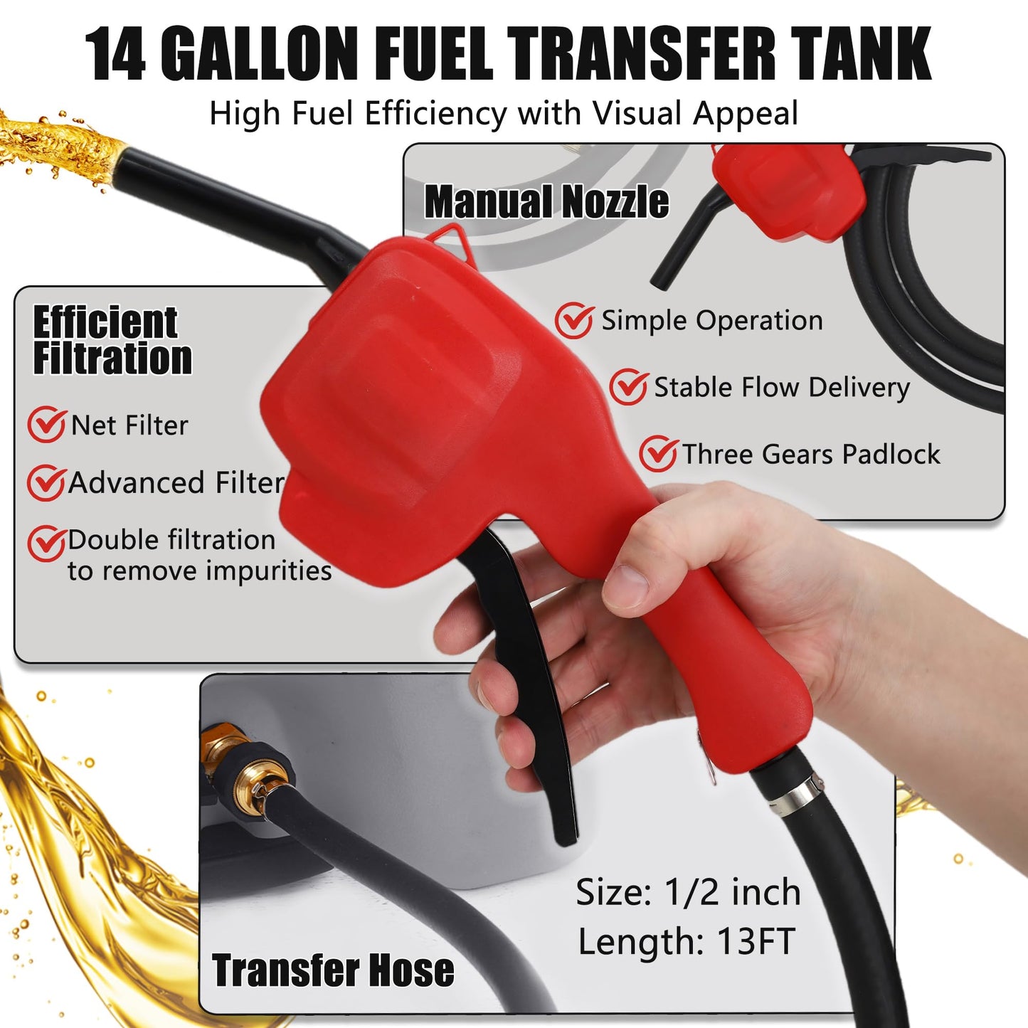 Garvee 14 gal Portable Fuel Tank, Gray Fuel Storage Container with Manual Siphon Pump & 10 ft Hose, Gasoline Diesel Caddy with Wheels, Fuel Transfer Tank for Car, ATV, Boat, Lawn Mower, Generator