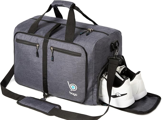 Bago Large Foldable Duffel Bags for Traveling Women & Men - 80L Packable Duffle Bag for Travel with Shoe Compartment - Water Repellant, Heavy Duty, Lightweight Folding & Collapsible (SnowBlack)
