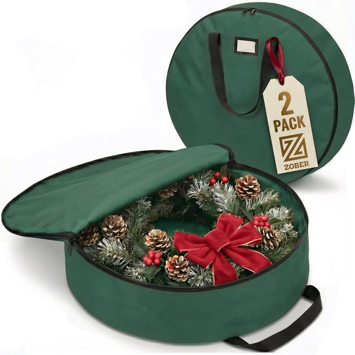 ZOBER 24-Inch Oxford Christmas Wreath Storage Container - Waterproof, Dual-Zippered Bag with Durable Handles | Green