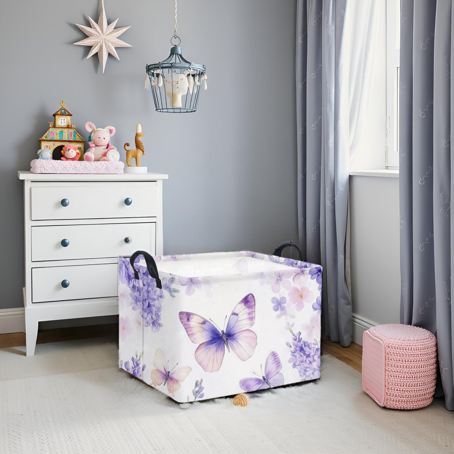 TIBAOLOVER Rectangular Kids Storage Basket Baby Storage Basket with Handles for Home Kitchen Boys and Girls Cute Toy Storage Bin Organizer Shelf Book Room Decor(Purple Butterfly)