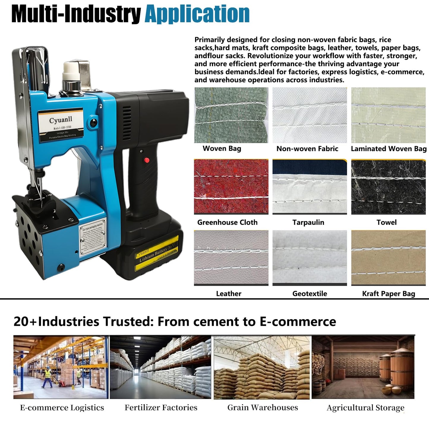 Bag Sewing Machine-Portable Battery Handheld Cordless Bag Sewing Machine,Automatic Bag Stitcher With Thread for Burlap Sack, Canvas,Feed Sacks,Rice Bags,Jute Bags,Seed Bags(Machine+1 battery)-Blue