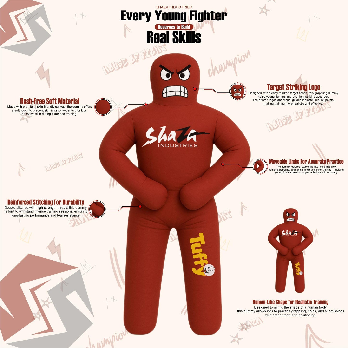 Shaza Toffy Youth Wrestling Dummy, Unfilled Canvas Training Partner, Kids Combat Practice Equipment (Red)