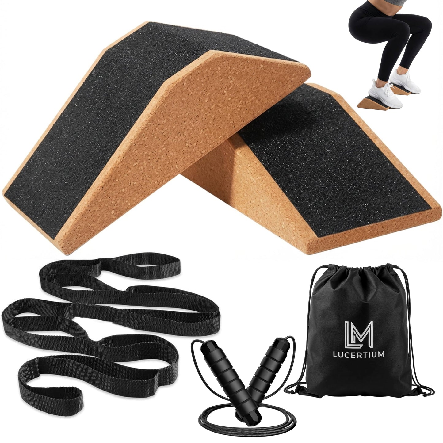 Squat Wedge Block & Calf Raise Block 2 PCS – 3-in-1 Set with Resistance Bands, Jump Rope & Carry Bag – Non-Slip Slant Board for Heel Elevated Squats, Deadlifts & Calf Raises | Improve Form, Stability & Ankle Mobility | Home Gym Fitness Equipment