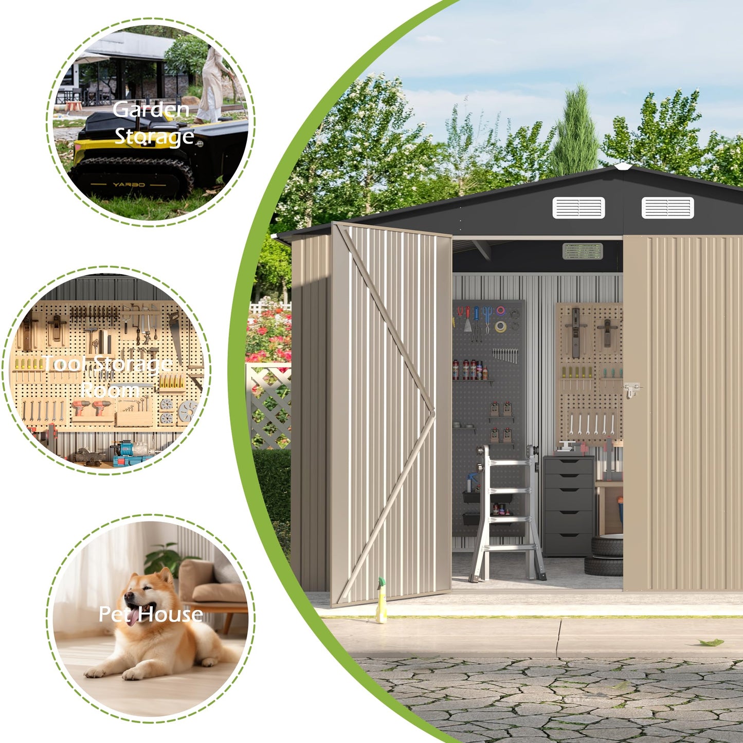Quinora 8×10 FT Metal Shed Outdoor with Peaked Roof, Weather Resistant Outdoor Storage Shed with Lockable Double Doors for Backyard, Patio Lawn, Garden