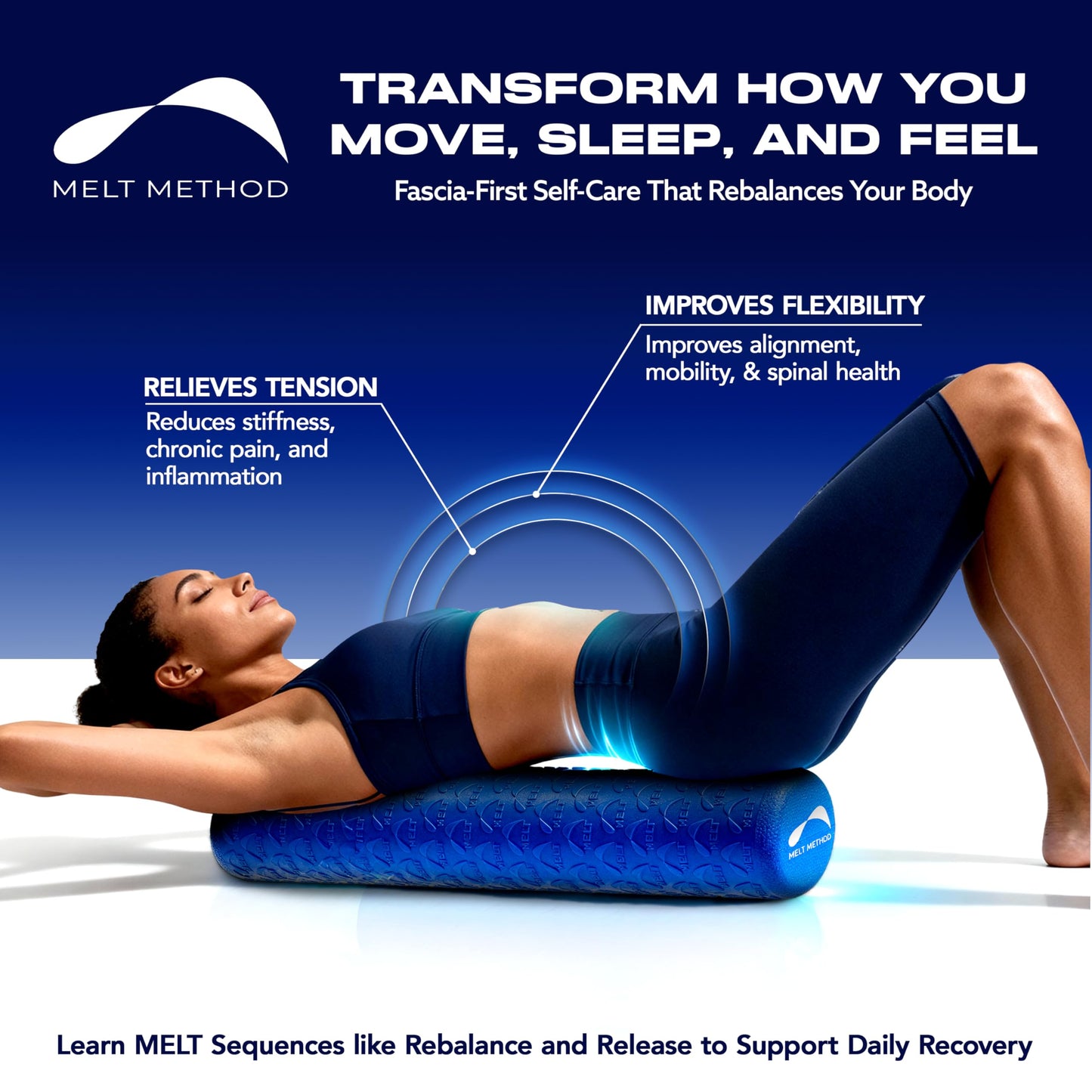 MELT Method 36 Inch Soft Foam Roller for Physical Therapy and Exercise Recovery - FasciaTherapy Technology - Low Density Exercise Foam Roller for Full Body Gentle Compression - Blue