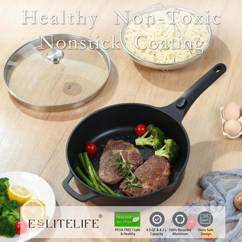 ESLITE LIFE Nonstick Always Pan with Lid, 11 Inch(4.5 Qt) Deep Frying Skillet Sauté Pan, Safe for Oven, Induction & All Cooktops, PTFE & PFOA Free (Black Granite, 11" w/Lid & Steamer)
