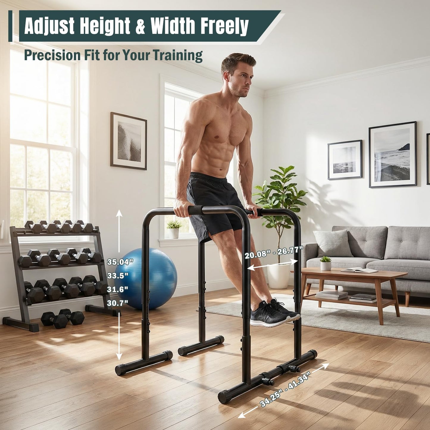 OLIXIS Dip Bar, Adjustable Heavy Duty Dip Bar Station with Soft High-Density Foam Handles, Stabilizer Parallel Parallette Bar Fitness Equipment for Home, Gym, Patio, Office(Black)