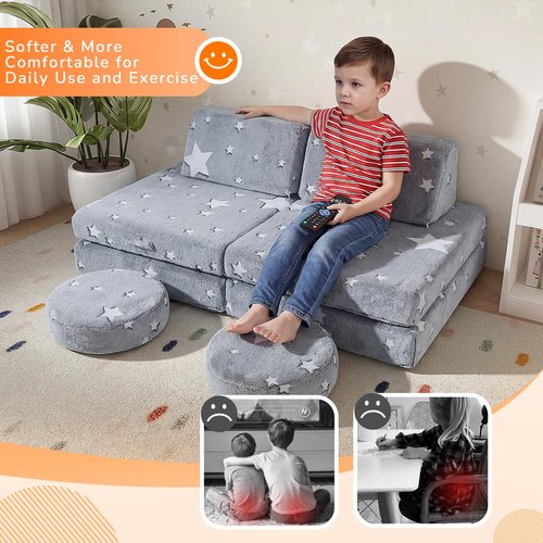 MeMoreCool Kids Play Couch, 8-Piece Modular Toddler Couch with Glow in The Dark Stars – Convertible Fort Builder Kids Sofa, Soft Foam Indoor Climbing Furniture with Washable Covers for Boys and Girls
