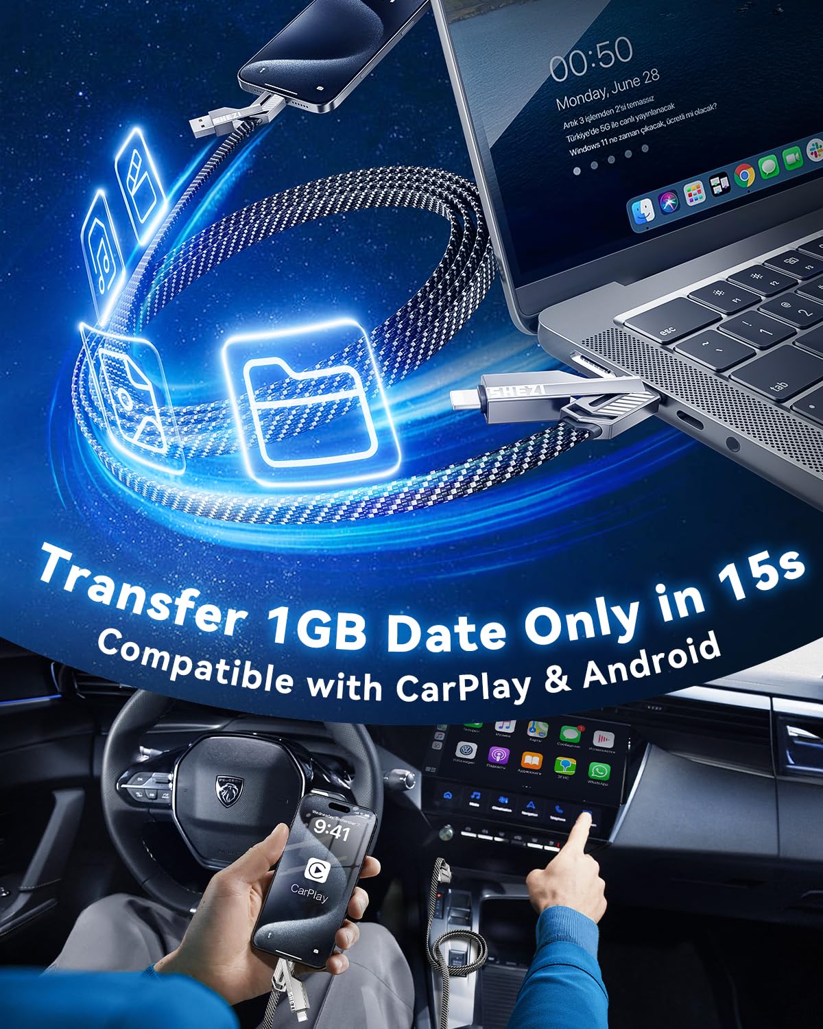 4-in-1 60W iPhone/Samsung/iPad,3FT [One is Enough] Compatible with USB C to Lightning Cable, High-Speed Charging & Fast