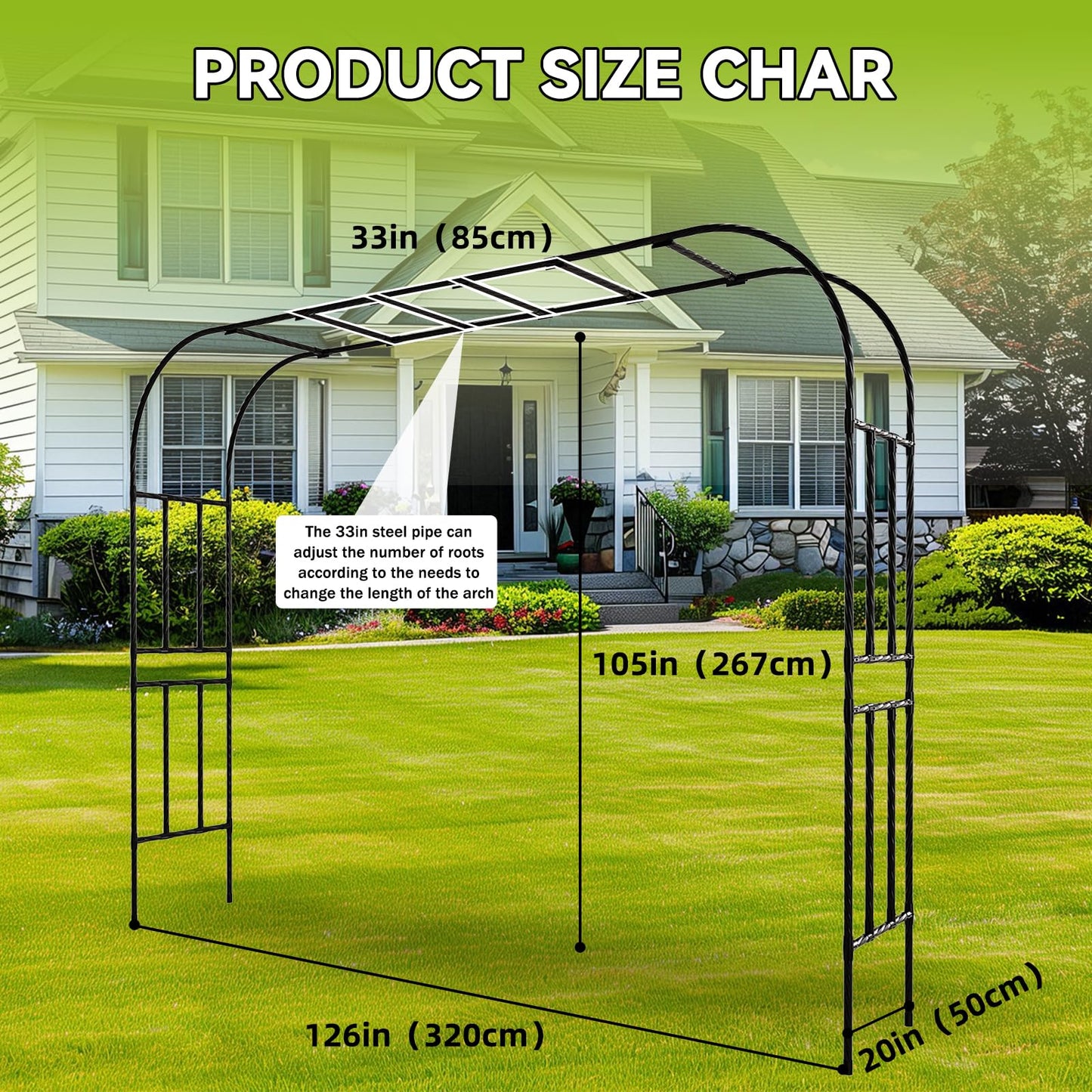 RUCOIN 25MM Thickened Steel Pipe Garden Arch Trellis – 126"(L) x 105"(H) Extra Heavy Duty Arbor, PE-Coated Rust-Proof Trellis for Climbing Plants Outdoor, Support for Roses, Ivy, Grapevine, Beans