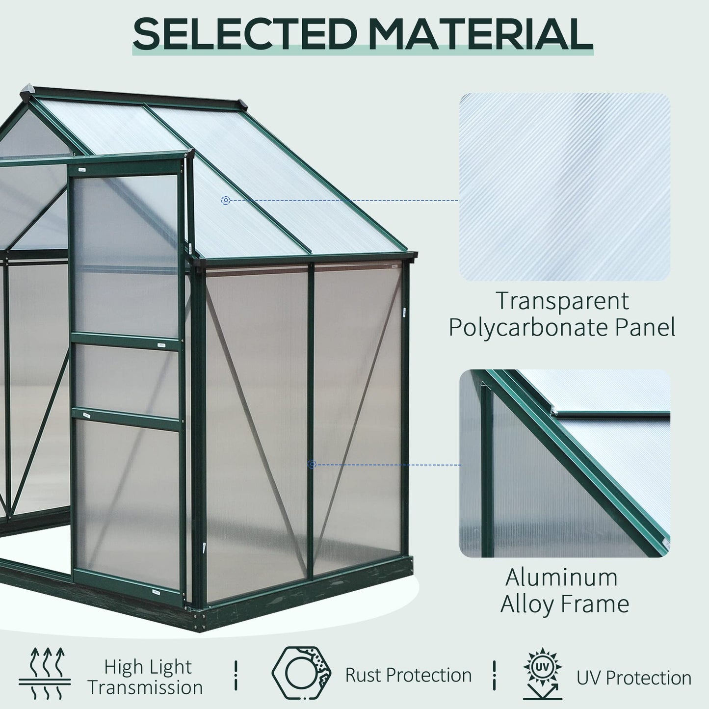 Outsunny 6' x 4' Greenhouse for Outdoors, Polycarbonate Greenhouse with Rain Gutter and Roof Vent, Aluminum Walk-in Green Houses with Push Door for Outside for Patio Backyard Garden, Dark Green