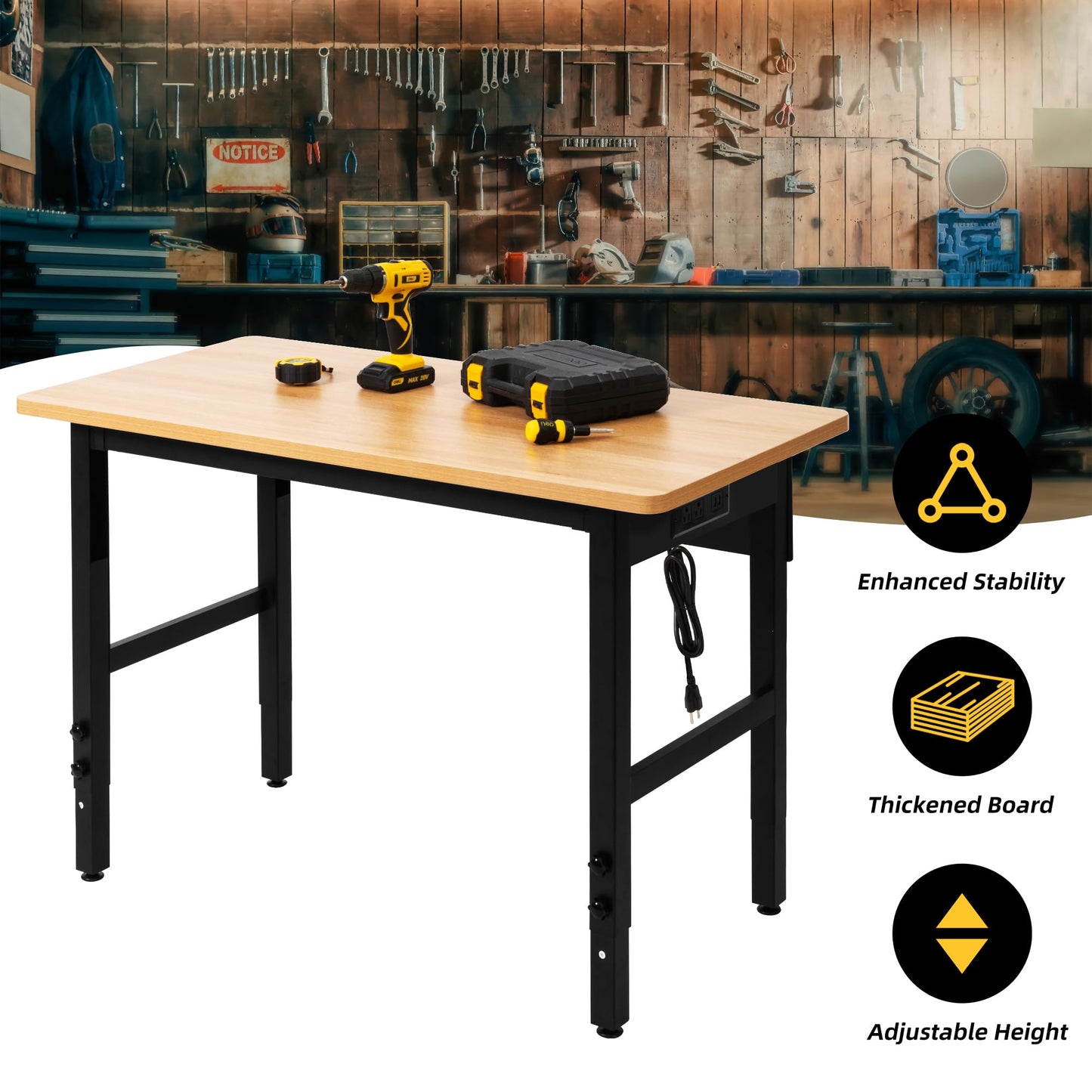 48" Adjustable Workbench with Power Outlets, Work Table for Garage, 2000 LBS Capacity Hardwood Work Bench, Heavy Duty Table for Workshop, Office, Garage, Home