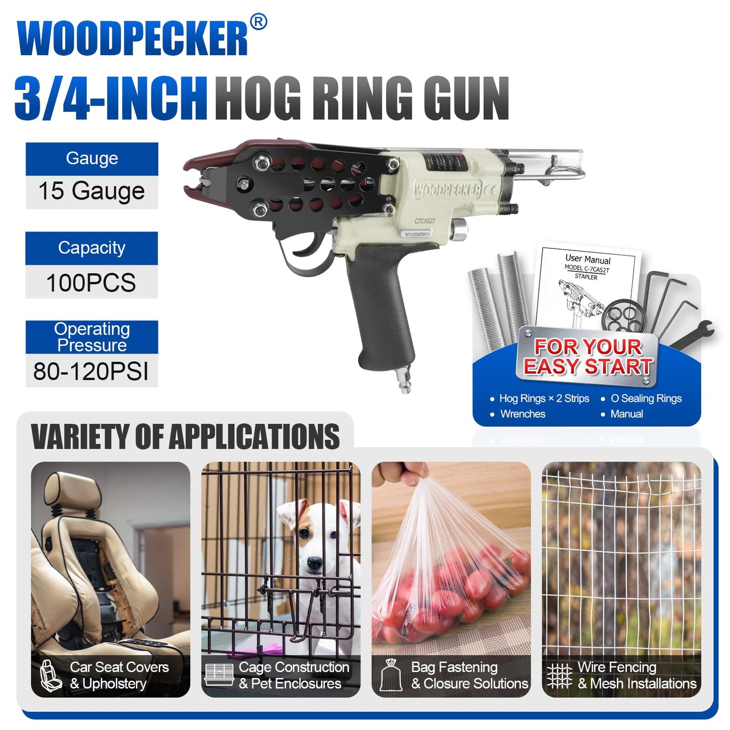 WOODPECKER C-7CA 15 Gauge 3/4-Inch Pneumatic Hog Ring Gun, 0.189" Closure Diameter, Small Loops, Air Hog Ring Piler Pneumatic C Ring Gun for Cages, Wire Mesh, Traps, Upholstery