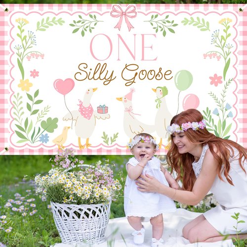 Avezano One Silly Goose Backdrop Banner for Kids Goose 1st Birthday Party Decoration Duck Farm Barnyard 1st First Birthday Party Supplies (Pink, 6x3.6ft)
