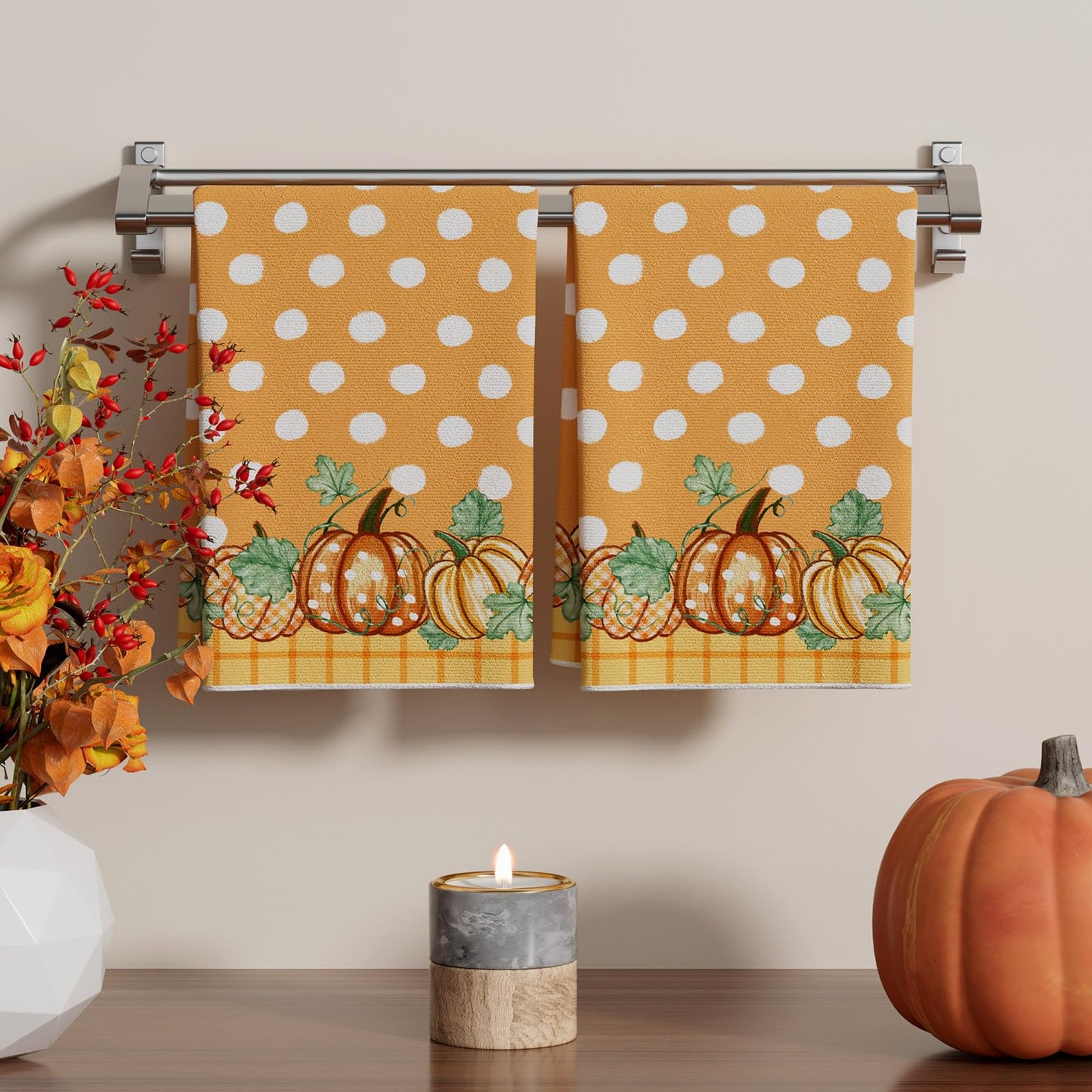 XCHI Fall Pumpkin Orange Plaid Dish Towels 18x26 Inch Hand Kitchen Towels Dishcloth Home Decorations Set of 2